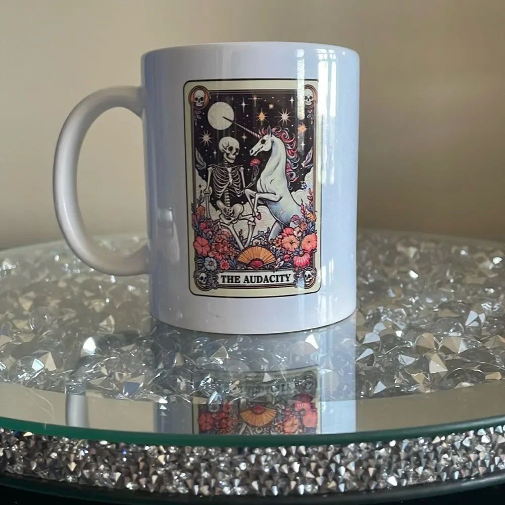 The Audacity spooky skull skeleton unicorn tarot card fortune White Ceramic Mug